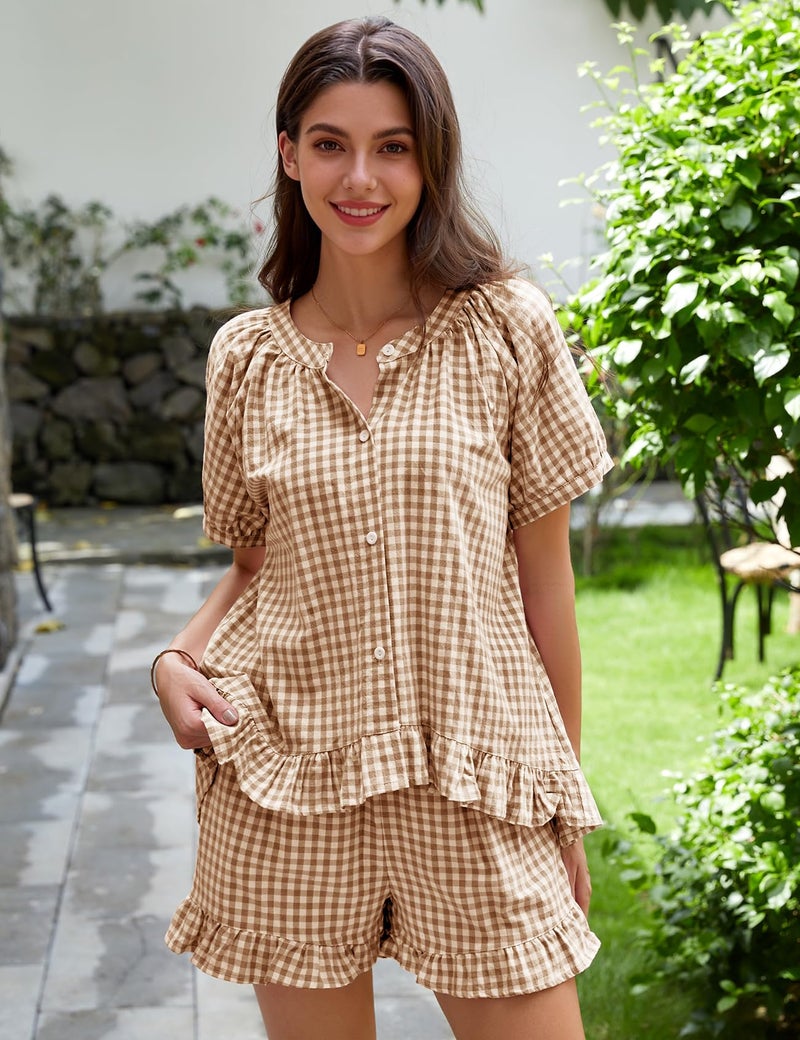 PEHMEA 2 Piece Gingham Pajama Sets for Women Summer Outfits 2026 Plaid Babydoll Shirt Ruffle Shorts Lounge Pjs(Brown-S) - Image 2