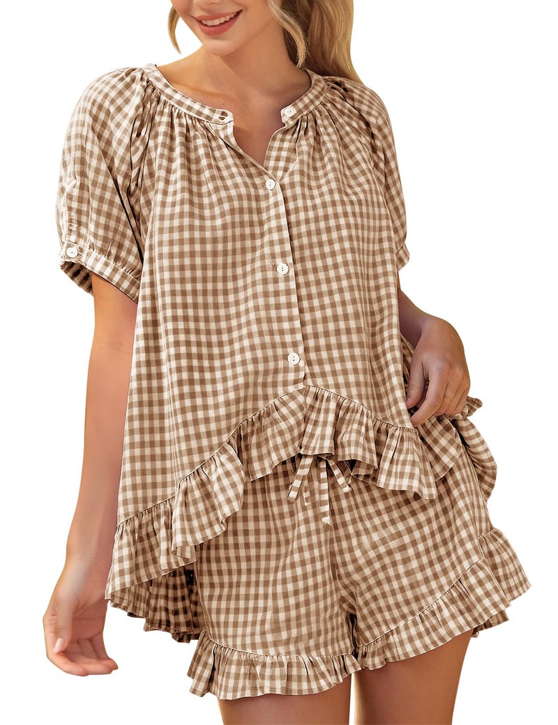 PEHMEA 2 Piece Gingham Pajama Sets for Women Summer Outfits 2026 Plaid Babydoll Shirt Ruffle Shorts Lounge Pjs(Brown-S) - Image 1
