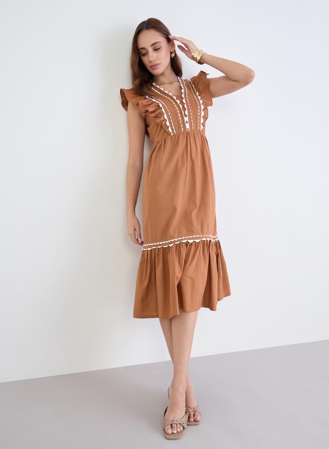 Styli Brown Ruffle Detail Midi Dress - Image 2