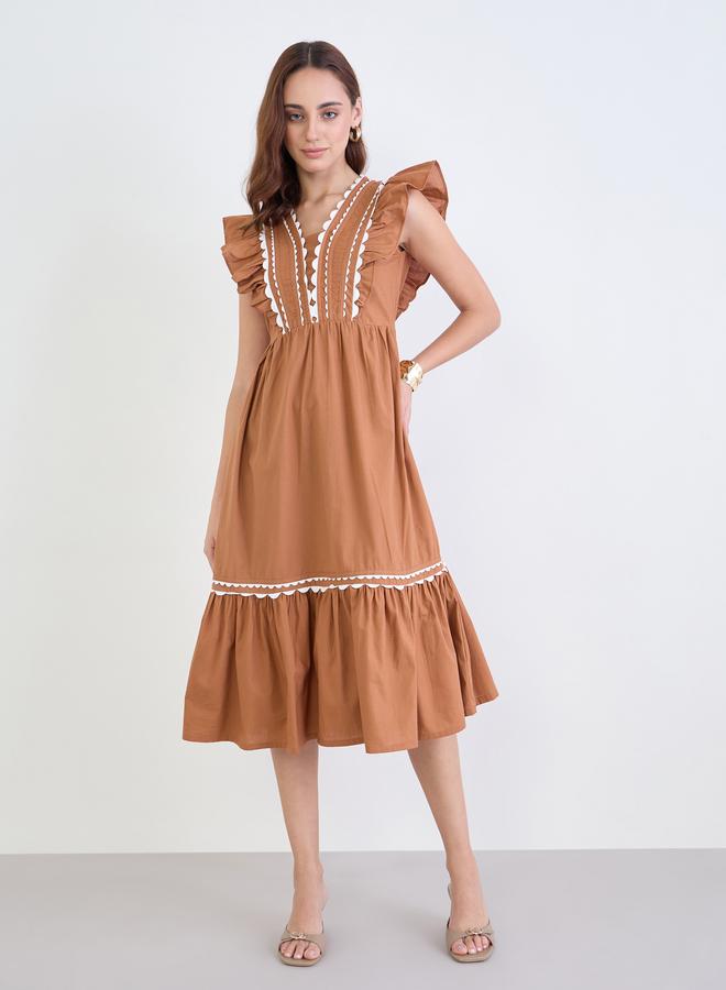 Styli Brown Ruffle Detail Midi Dress - Image 3