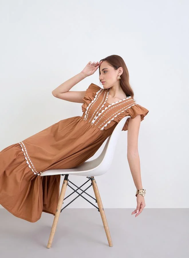 Styli Brown Ruffle Detail Midi Dress