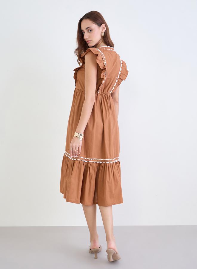 Styli Brown Ruffle Detail Midi Dress - Image 4