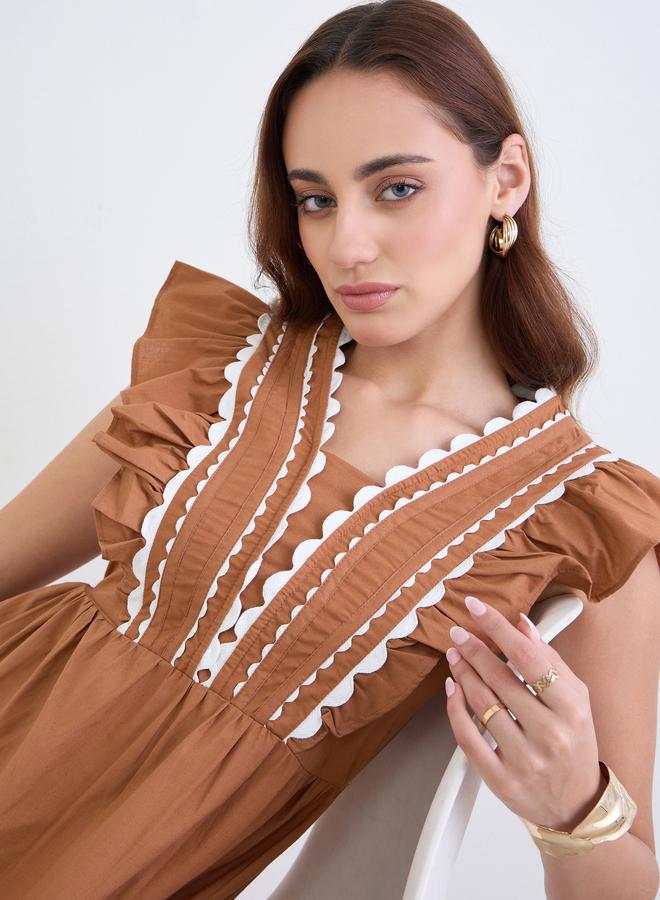 Styli Brown Ruffle Detail Midi Dress - Image 5
