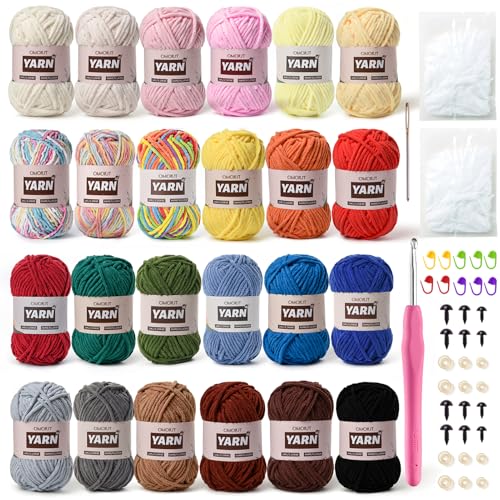 OMoiut 24 Pack Chenille Velvet Yarn Baby Yarn for Crocheting Soft Amigurumi Yarns Set with 1200g1574yd Crochet Yarns Crochet HookStitch MarkersFluffy StuffingAccessories B - Image 1