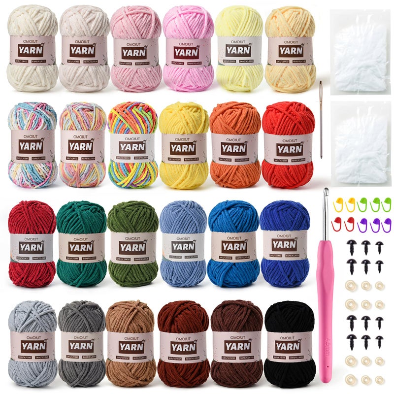 OMoiut 24 Pack Chenille Velvet Yarn Baby Yarn for Crocheting Soft Amigurumi Yarns Set with 1200g1574yd Crochet Yarns Crochet HookStitch MarkersFluffy StuffingAccessories B - Image 2