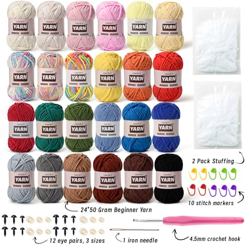 OMoiut 24 Pack Chenille Velvet Yarn Baby Yarn for Crocheting Soft Amigurumi Yarns Set with 1200g1574yd Crochet Yarns Crochet HookStitch MarkersFluffy StuffingAccessories B - Image 3