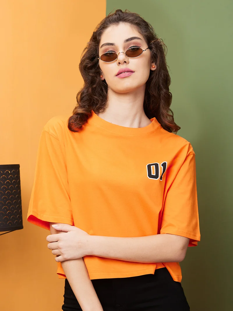 globus Women Orange & Black Typography Printed Boxy Pure Cotton T-Shirt