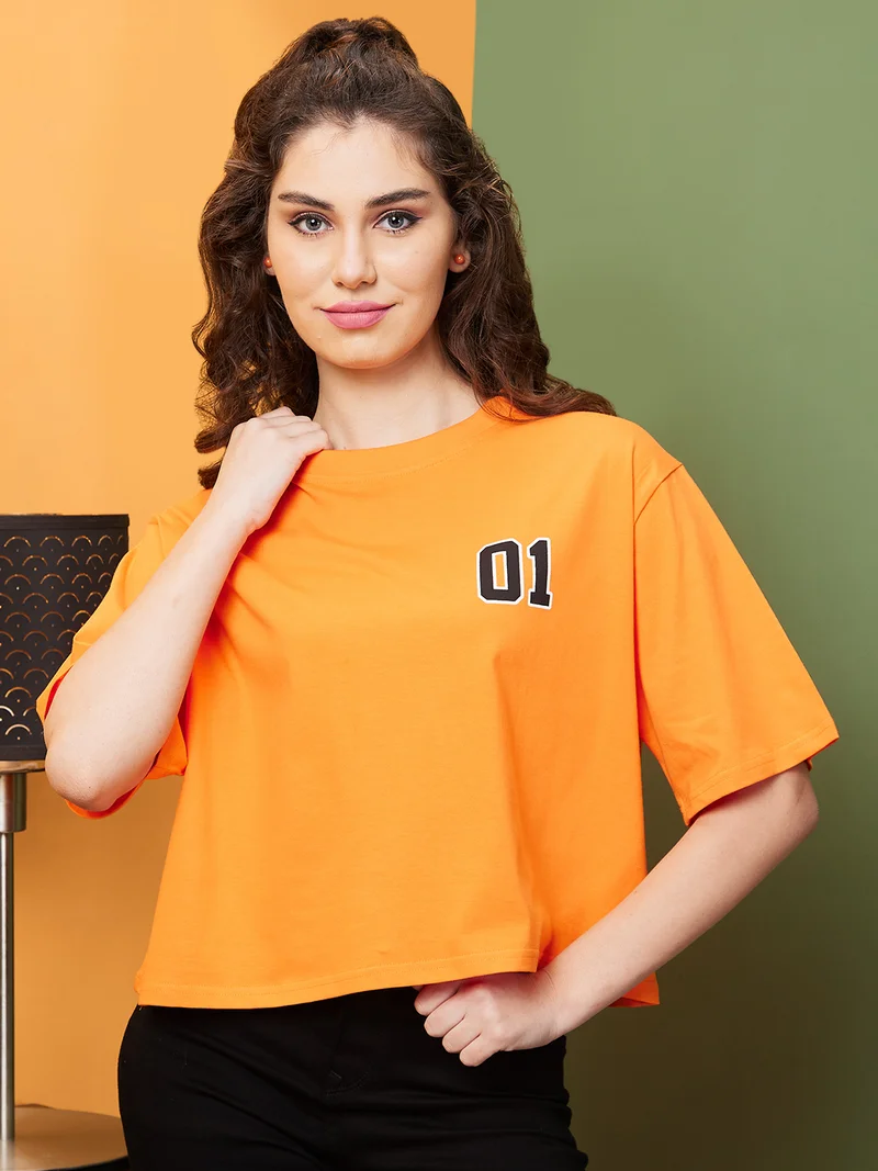 globus Women Orange & Black Typography Printed Boxy Pure Cotton T-Shirt