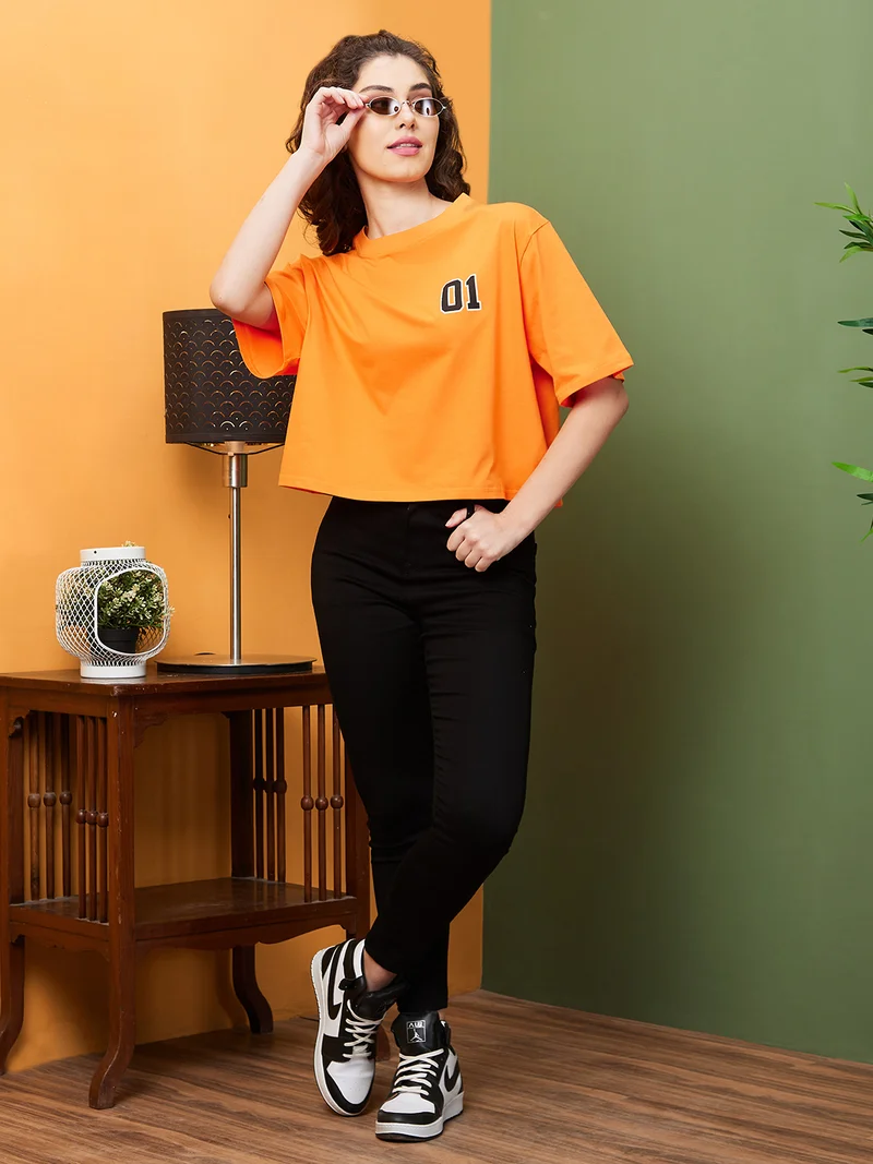 globus Globus Women Orange & Black Typography Printed Boxy Pure Cotton T-Shirt