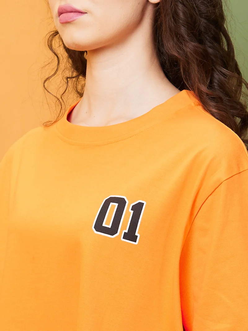 globus Globus Women Orange & Black Typography Printed Boxy Pure Cotton T-Shirt