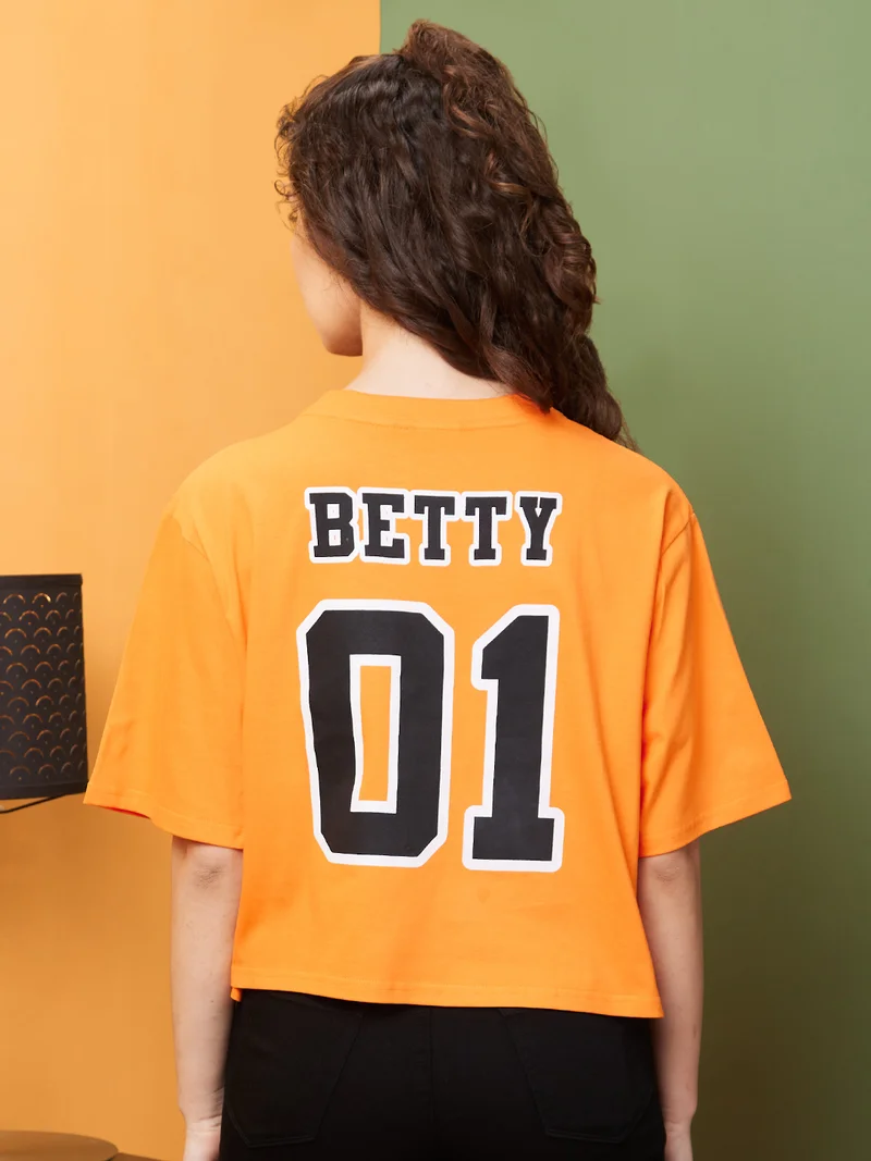 globus Globus Women Orange & Black Typography Printed Boxy Pure Cotton T-Shirt