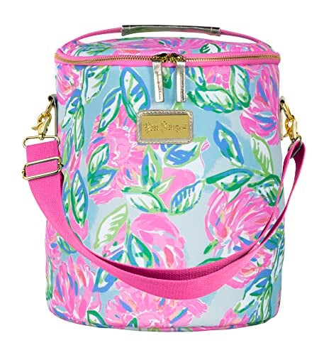 Lilly Pulitzer Pink/Blue/Green Insulated Soft Beach Cooler with Adjustable/Removable Strap and Double Zipper Close, Totally Blossom - Image 1