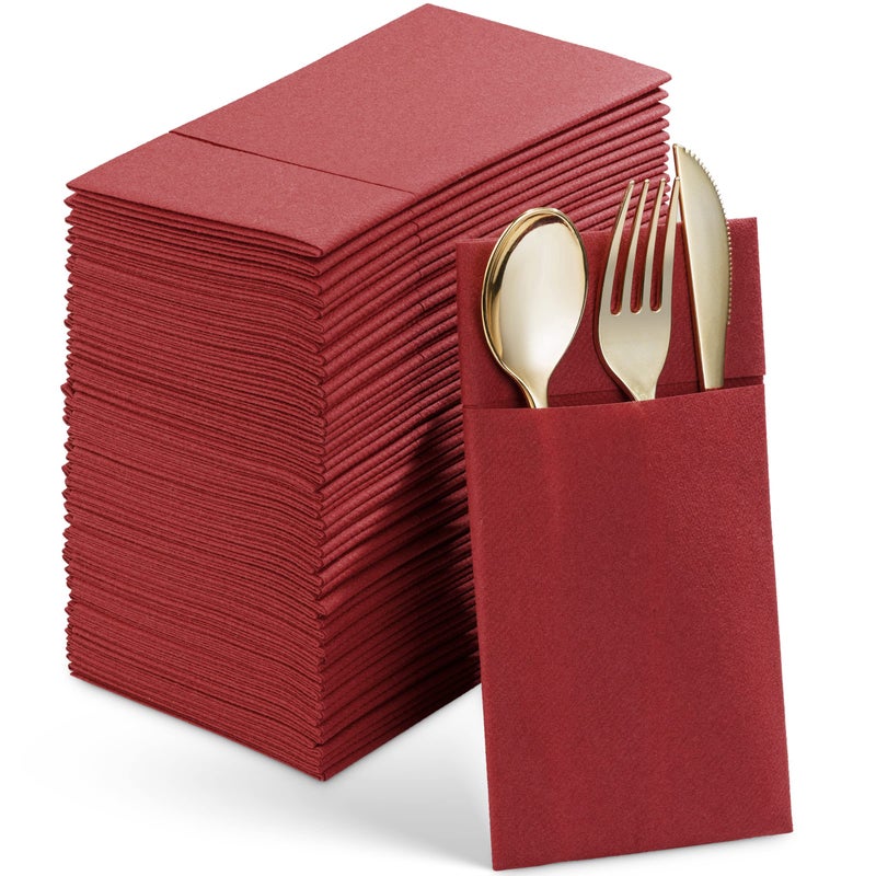 Servietto Disposable Linen-Feel Dinner Napkins With Built-in Flatware Pocket  50-Pack BURGUNDY Prefolded Cloth Like Paper Napkins For Wedding  Dinner Or Party - Image 1