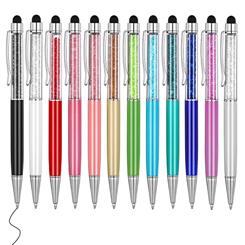 MengRan Cute Pens with Stylus Tip, 2 in 1 Black Ink Ballpoint Pens and Slim Crystal Stylus Pens for Touch Screens(12 colors) - Image 1