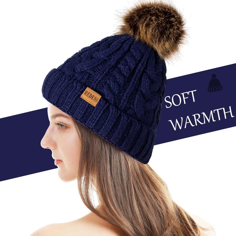 REDESS Women Winter Pompom Beanie Hat with Warm Fleece Lined, Thick Slouchy Snow Knit Skull Ski Cap - Image 2