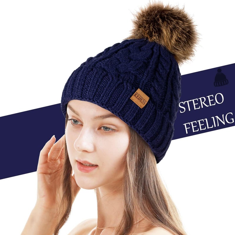 REDESS Women Winter Pompom Beanie Hat with Warm Fleece Lined, Thick Slouchy Snow Knit Skull Ski Cap - Image 1