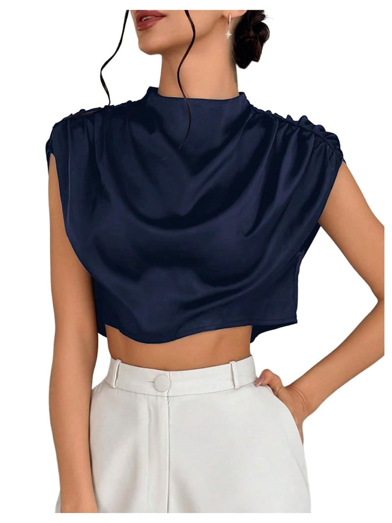 OYOANGLE Women's Elegant Cap Sleeve Satin Top Blouse Ruched Mock Neck Silk Camisole Tops Work Dressy Casual Crop Tops Deep Blue Medium - Image 1