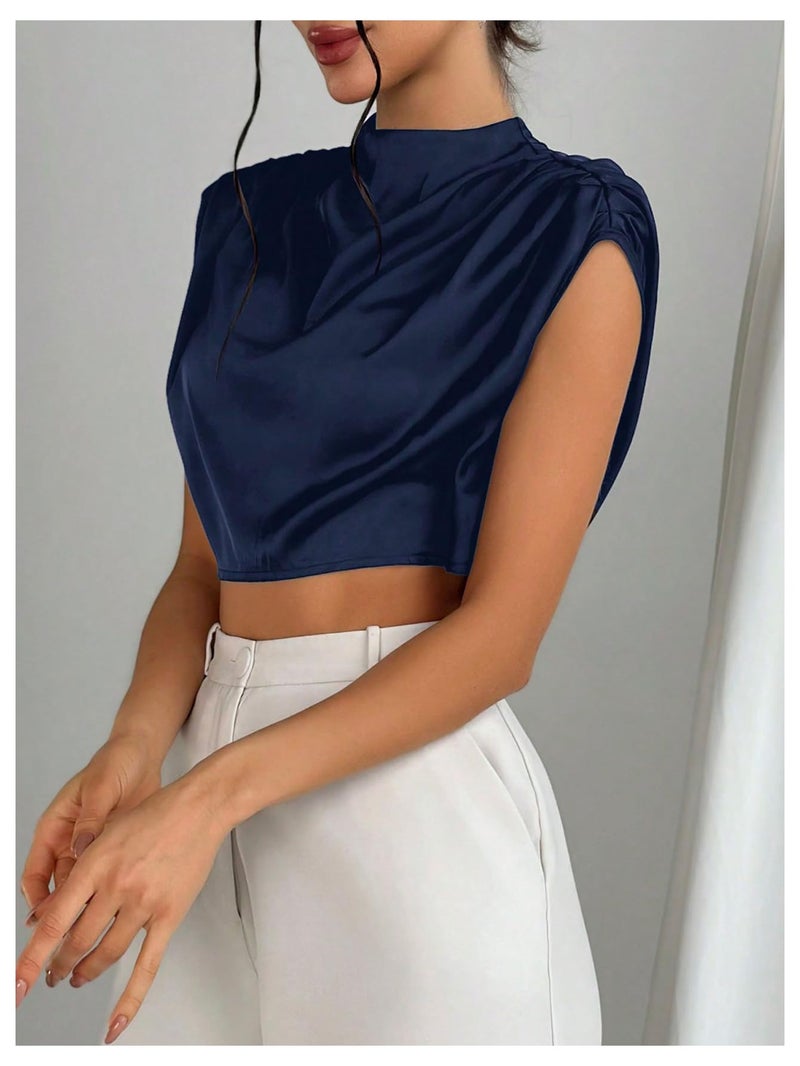 OYOANGLE Women's Elegant Cap Sleeve Satin Top Blouse Ruched Mock Neck Silk Camisole Tops Work Dressy Casual Crop Tops Deep Blue Medium - Image 2