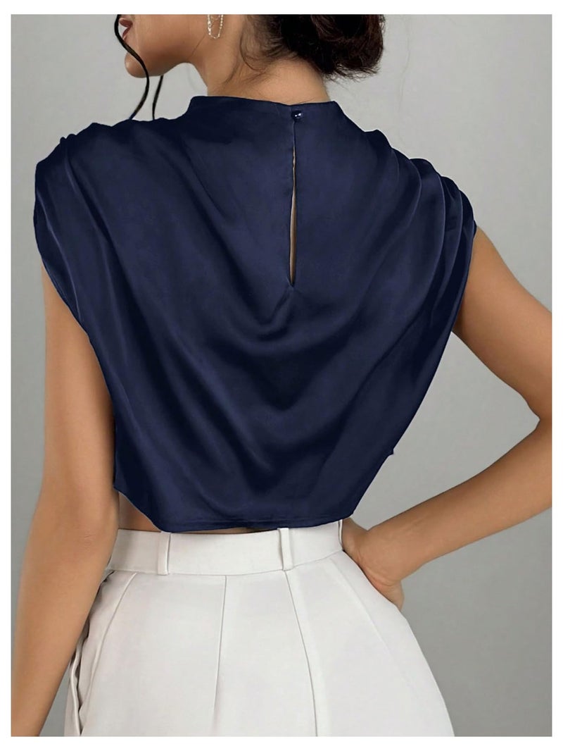 OYOANGLE Women's Elegant Cap Sleeve Satin Top Blouse Ruched Mock Neck Silk Camisole Tops Work Dressy Casual Crop Tops Deep Blue Medium - Image 3