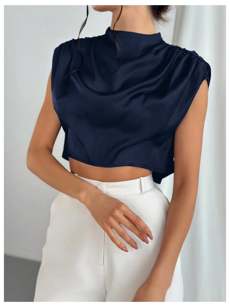 OYOANGLE Women's Elegant Cap Sleeve Satin Top Blouse Ruched Mock Neck Silk Camisole Tops Work Dressy Casual Crop Tops Deep Blue Medium - Image 5