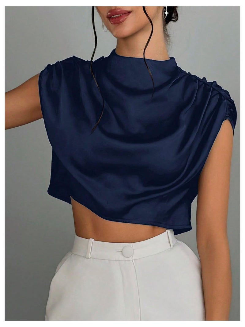 OYOANGLE Women's Elegant Cap Sleeve Satin Top Blouse Ruched Mock Neck Silk Camisole Tops Work Dressy Casual Crop Tops Deep Blue Medium - Image 4