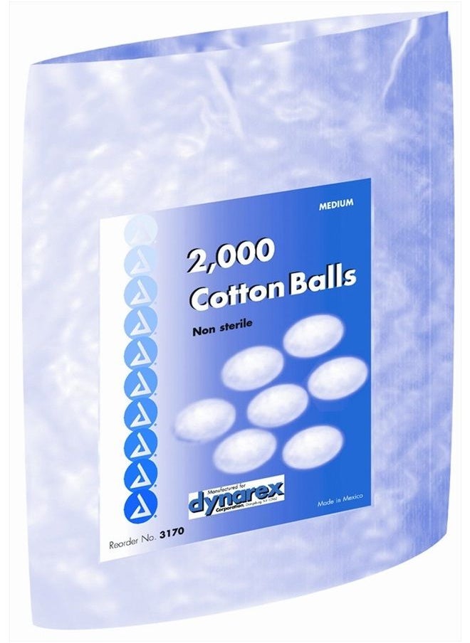 Dynarex Cotton Ball Medium, Non-Sterile, (Pack of 2 - 2000 balls each) 
