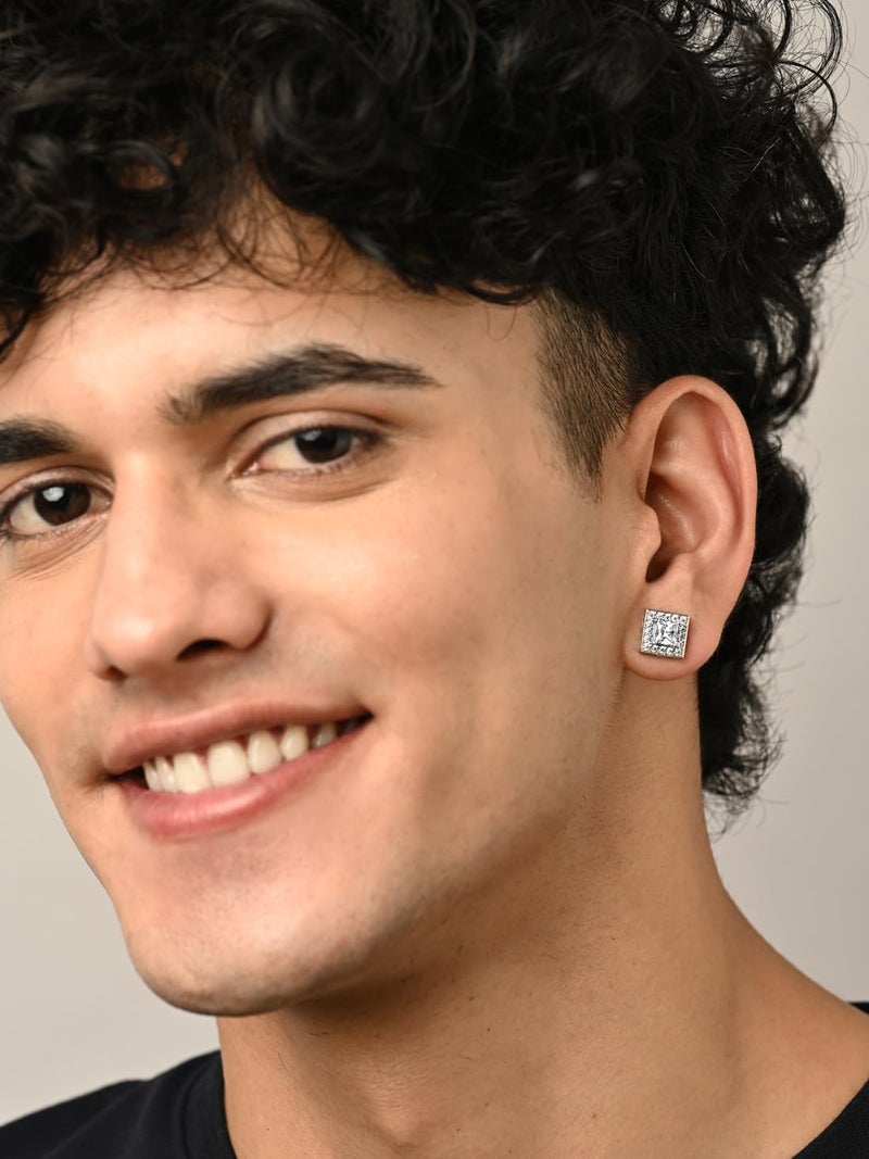 CLARA 925 Sterling Silver Square Solitaire Stud Men Earring |Multiple Size Options | Gift for Men & Boys | 1 Piece - Image 3