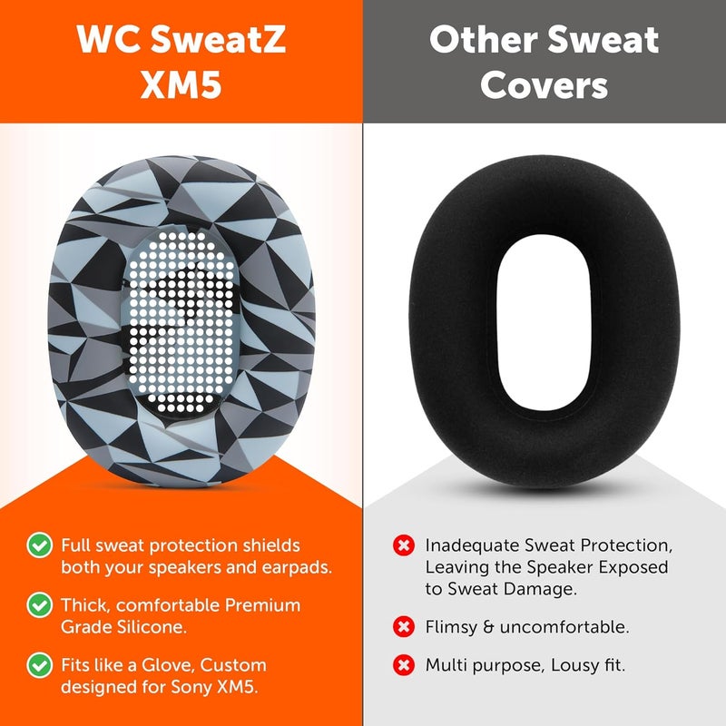 WC SweatZ XM5 - Protective Headphone Ear Covers for Sony WH1000XM5 by | Only Compatible with Sony XM5 Over Ear Headphones | Sweatproof & Easily Washable | Geo Grey - Image 3