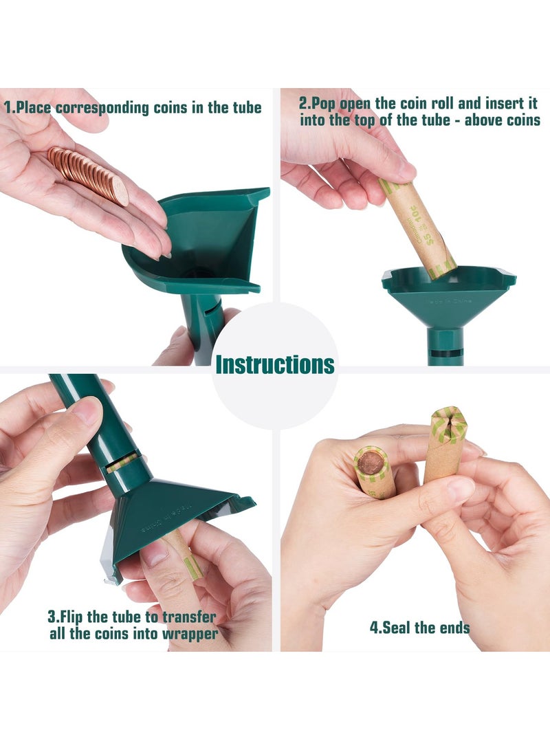 Coin Sorting Tubes with 100 Assorted Coin Wrappers, 4-Piece Set for Quarters, Dimes, Nickels and Pennies, Efficient Coin Handling and Wrapping Solution - Image 4