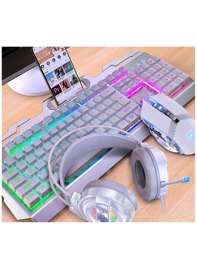 MEC مجموعة لوحة مفاتيح وماوس سلكية للألعاب بإضاءة خلفية ملونة 3 في 1 من MEC (لوحة مفاتيح وماوس وسماعة رأس) مع حامل للهاتف المحمول (أبيض) - Image 1
