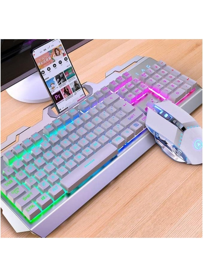 MEC مجموعة لوحة مفاتيح وماوس سلكية للألعاب بإضاءة خلفية ملونة 3 في 1 من MEC (لوحة مفاتيح وماوس وسماعة رأس) مع حامل للهاتف المحمول (أبيض) - Image 2