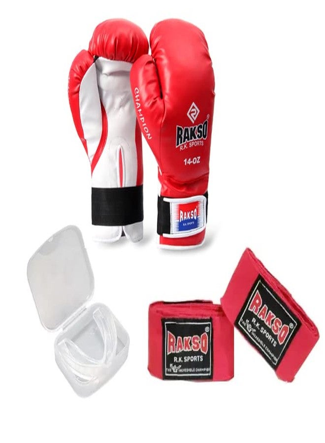 RAKSO Fight Gloves Champion with Hand Wraps with Mouth Guards Combo for Men Women - RED Top Grade Genuine Buffalo PVC Boxing Gloves with Molded Padding & Velcro Strap Gloves for Men & Women (10OZ) - Image 1