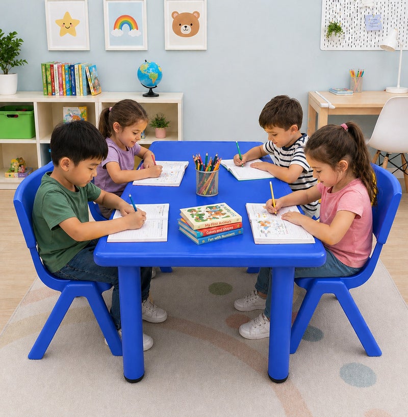 فنز  طقم طاولة دراسة بلاستيكية مستطيلة للأطفال مع 4 كراسي، مناسب للمنزل أو المدرسة، مقاس 120 × 60 سم، ارتفاع قابل للتعديل، قوي ومتين، لون أزرق - Image 2