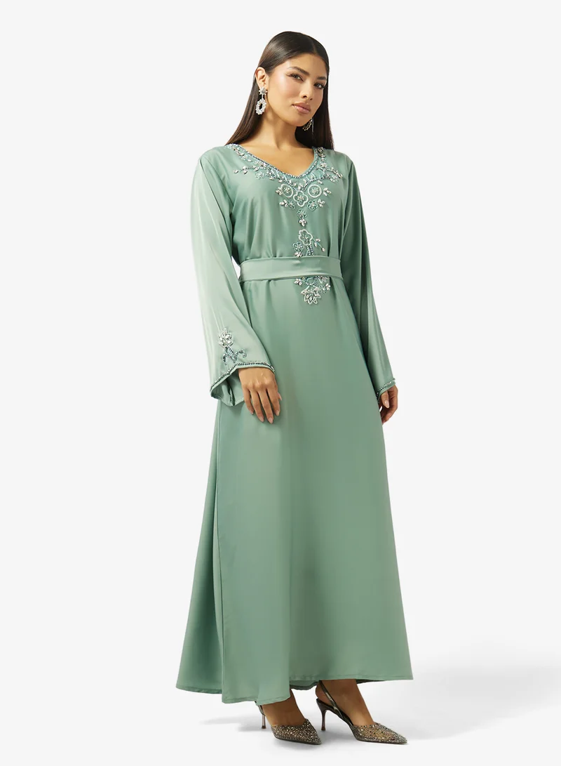 hayas closet Floral Embroidery Work At Stone Work Extending Forward Jalabiya