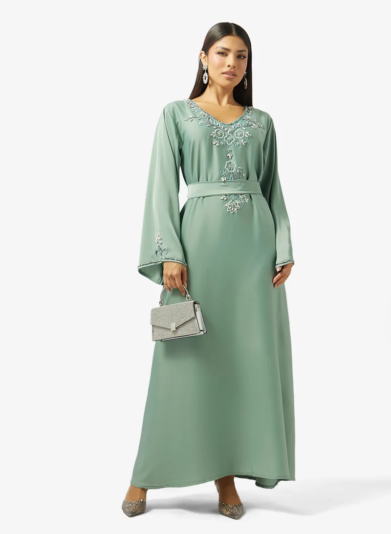 hayas closet  Floral Embroidery Work At Stone Work Extending Forward Jalabiya for Women | Best Price UAE