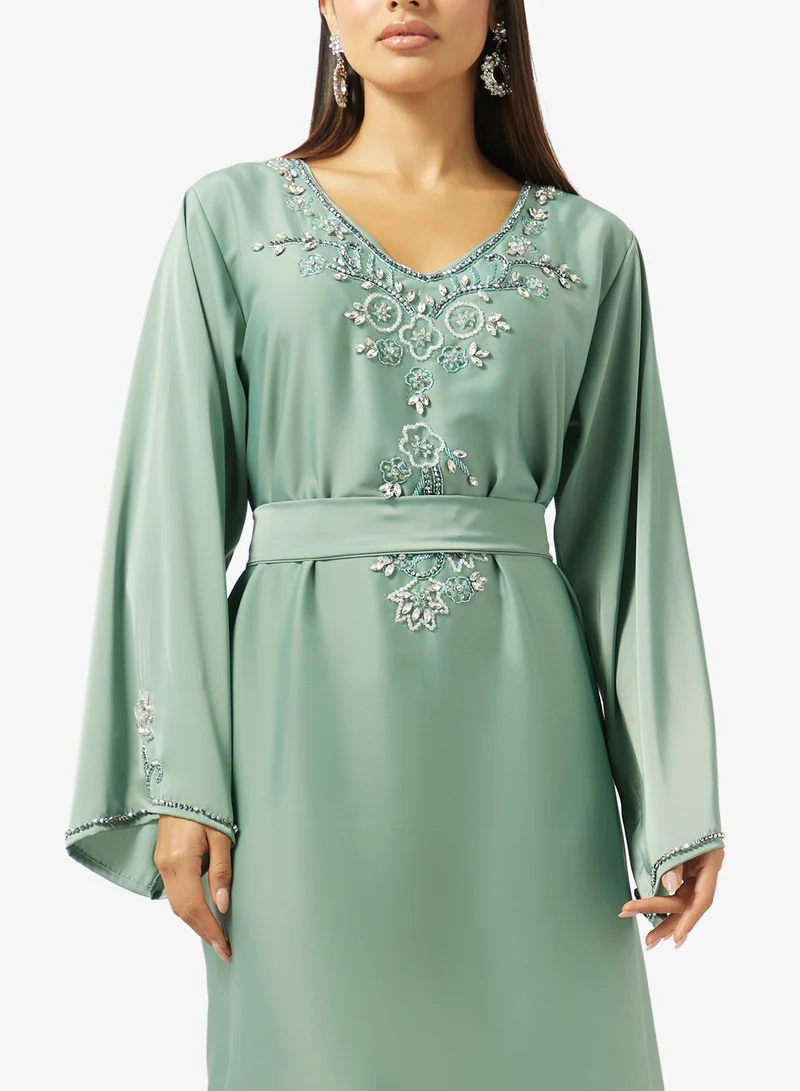 hayas closet  Floral Embroidery Work At Stone Work Extending Forward Jalabiya for Women | Best Price UAE