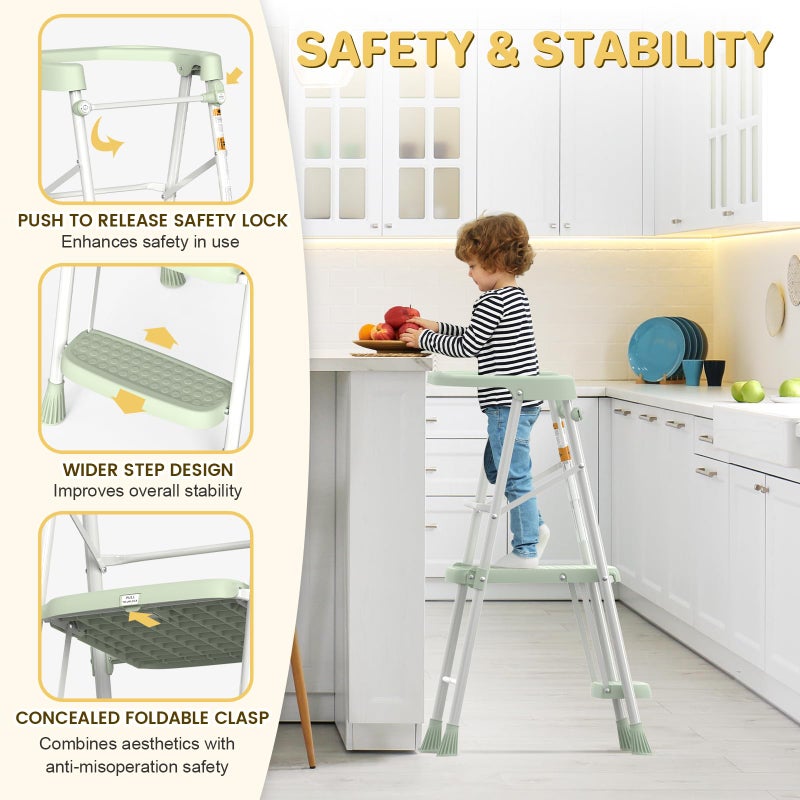 HBTower Kids Step Stool 2 Steps, Toddler Tower for Kitchen Counter Learning, Toddler Kitchen Stool Helper with Anti-Drop Safty Railing Kids Standing Folding Stepper, Green - Image 4