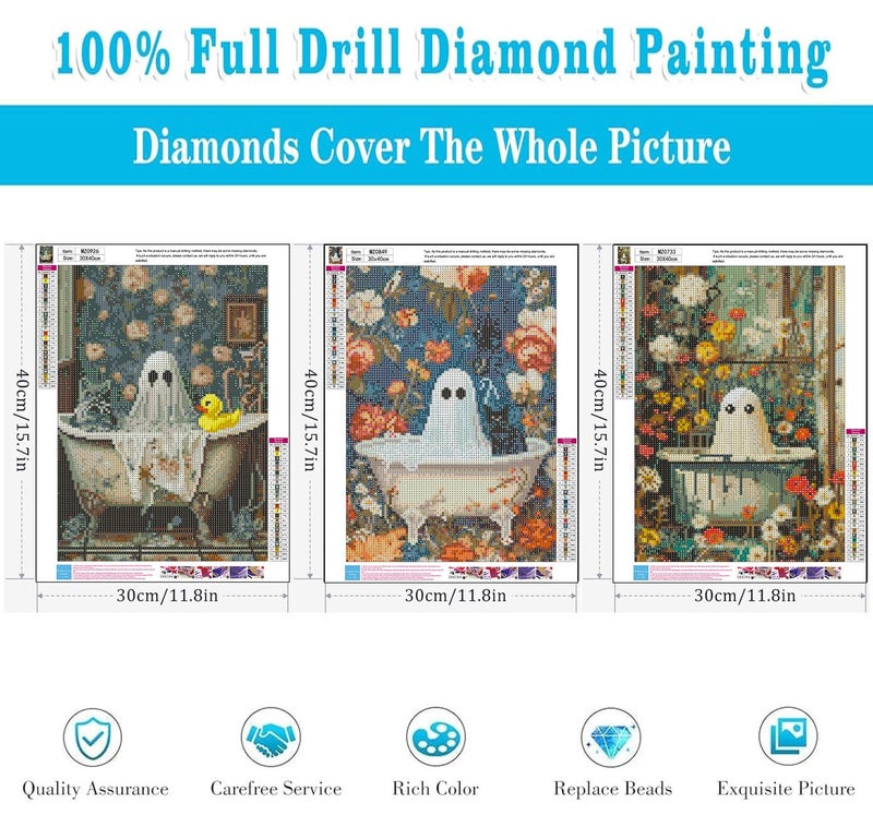 Meothan 3 Pack Halloween Diamond Art Kits for Adults, Horror Ghost Diamond Painting Kits for Adults, 5D DIY Round Full Drill Gem Art Paint with Diamonds Dots Crafts Kits for Home Decor Gift 12x16inch - Image 3