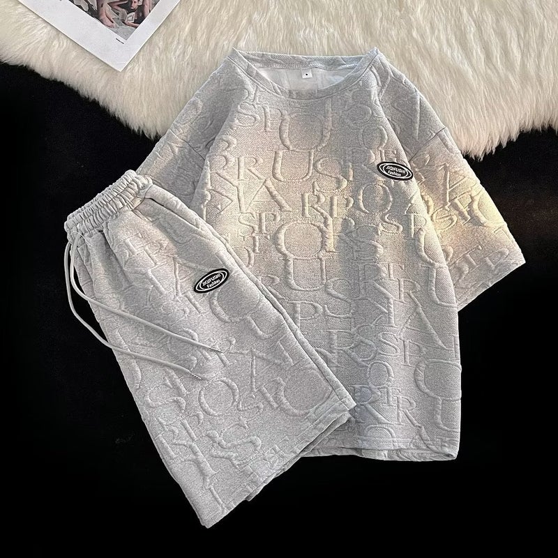 Summer Waffle Knit T-Shirt Shorts Mens Korean Loose Casual Set Shorts White  - Image 4