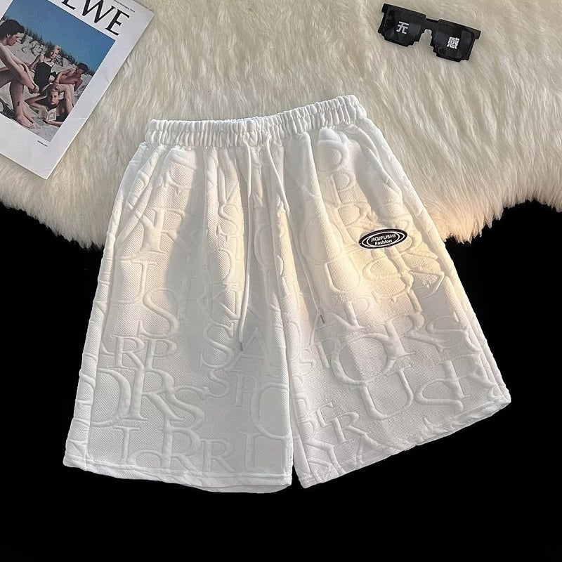 Summer Waffle Knit T-Shirt Shorts Mens Korean Loose Casual Set Shorts White  - Image 1