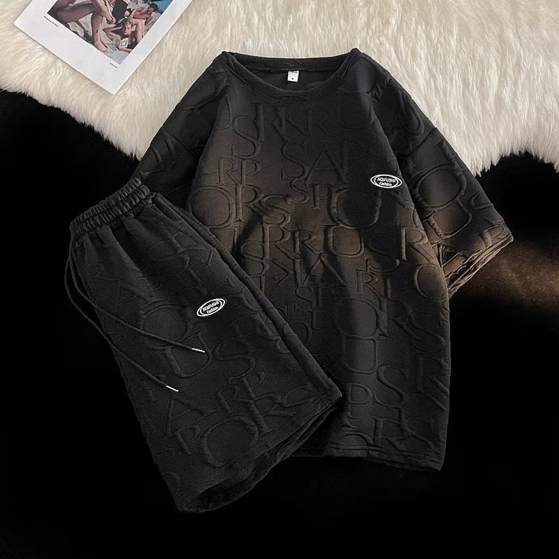 Summer Waffle Knit T-Shirt Shorts Mens Korean Loose Casual Set Shorts White  - Image 5