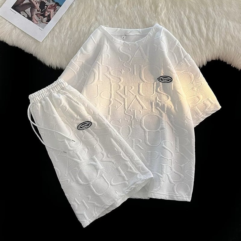 Summer Waffle Knit T-Shirt Shorts Mens Korean Loose Casual Set Shorts White  - Image 3