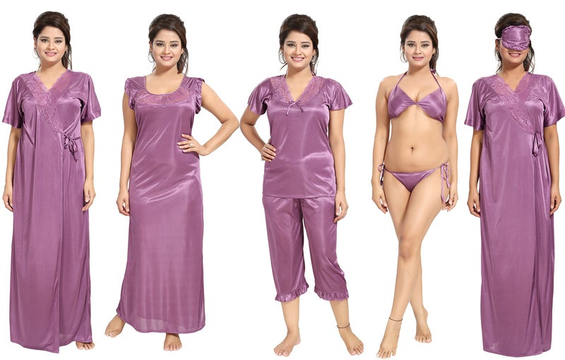 Noty Store Noty Women's Satin Solid Maxi Nightwear Set Pack of 7 (Purple, Free Size) - Image 1