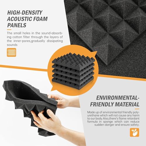 MOCKING BIRD 6 Pcs Acoustic Foam Panels 12" x 12" x 2" – High Density Pyramid Soundproof Foam Sheets, Eco Absorption Studio Wall Panel for Acoustic Room Treatment (6 Pcs, Black) - Image 2