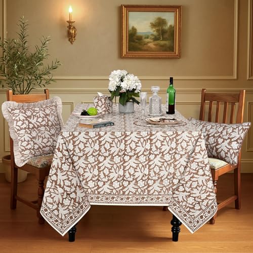 Ridhi Oak Brown Hand Block Print Cotton Rectangle Tablecloth 102 x 48 inches Reusable Table Cover Decorative Everyday Use for Dining Room Farmhouse Home Gift for Spring Mothers Day - Image 3