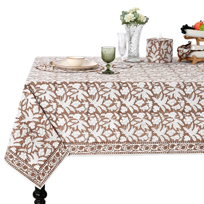 Ridhi Oak Brown Hand Block Print Cotton Rectangle Tablecloth 102 x 48 inches Reusable Table Cover Decorative Everyday Use for Dining Room Farmhouse Home Gift for Spring Mothers Day - Image 2