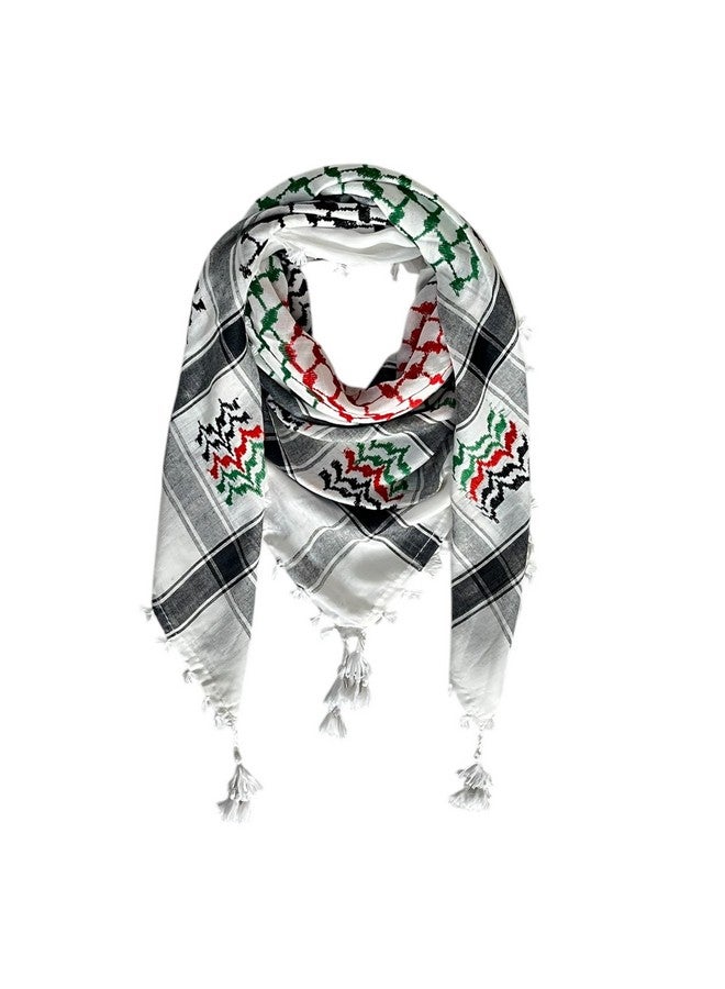 Palestine Keffiyeh Arafat Scarf, White and Grey with Embroidered Pattern, Red and Green Indian Accents, Tasseled Edges - Image 1