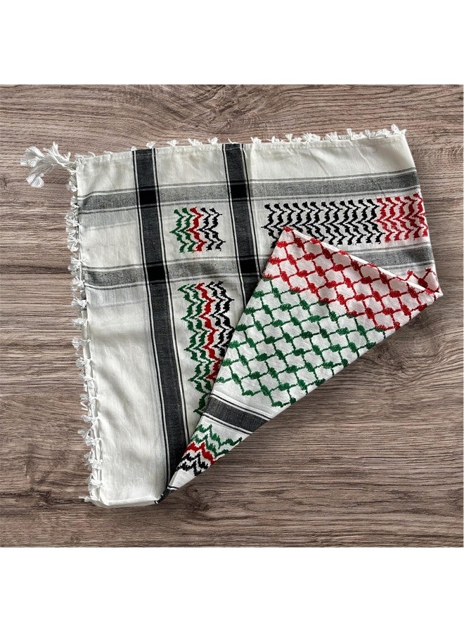 Palestine Keffiyeh Arafat Scarf, White and Grey with Embroidered Pattern, Red and Green Indian Accents, Tasseled Edges - Image 2