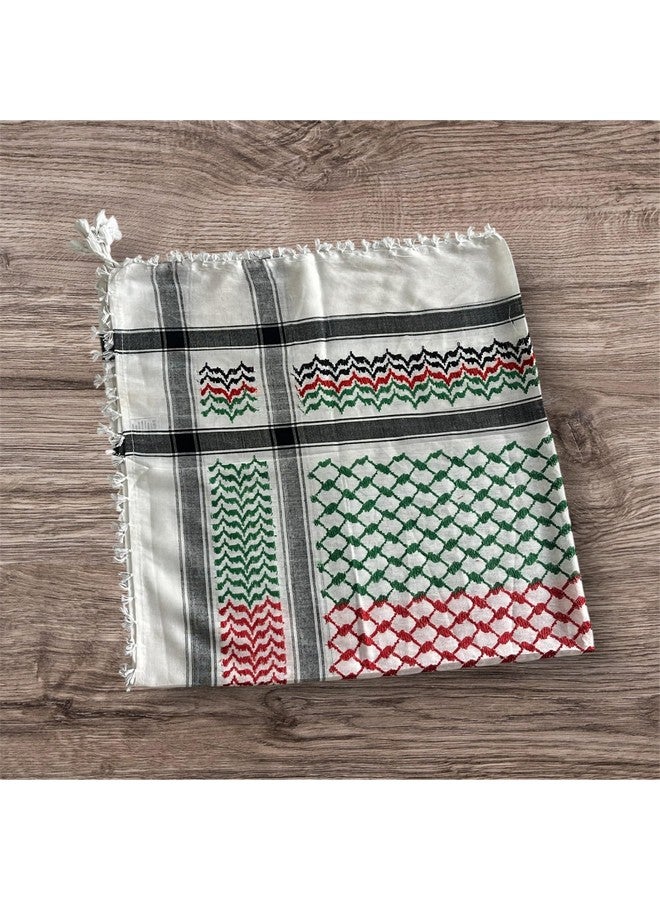 Palestine Keffiyeh Arafat Scarf, White and Grey with Embroidered Pattern, Red and Green Indian Accents, Tasseled Edges - Image 4