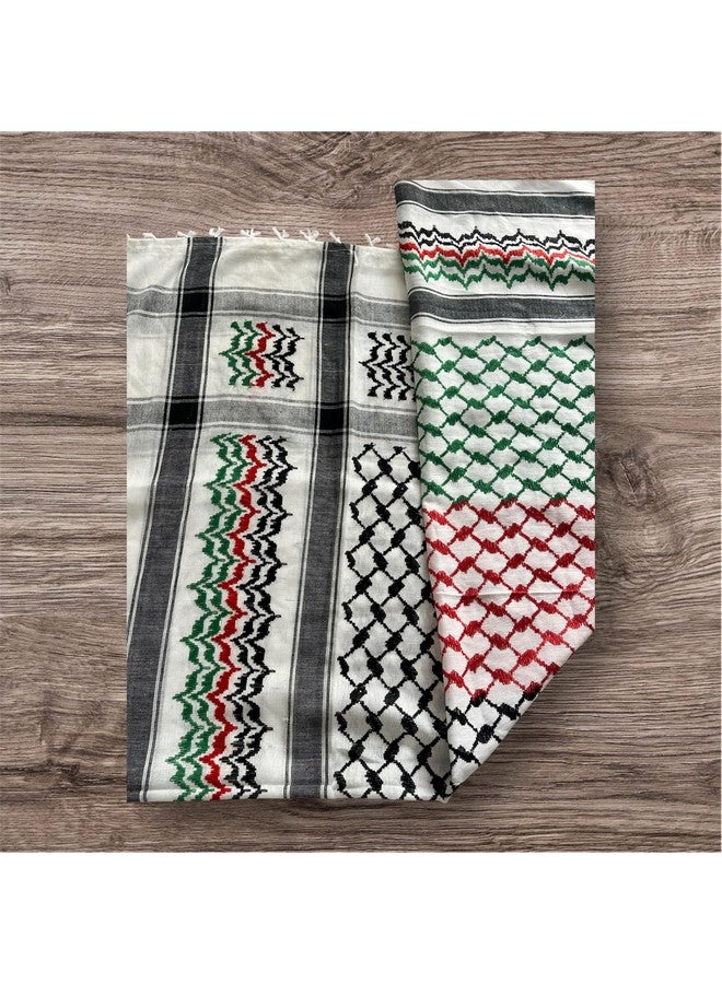 Palestine Keffiyeh Arafat Scarf, White and Grey with Embroidered Pattern, Red and Green Indian Accents, Tasseled Edges - Image 5